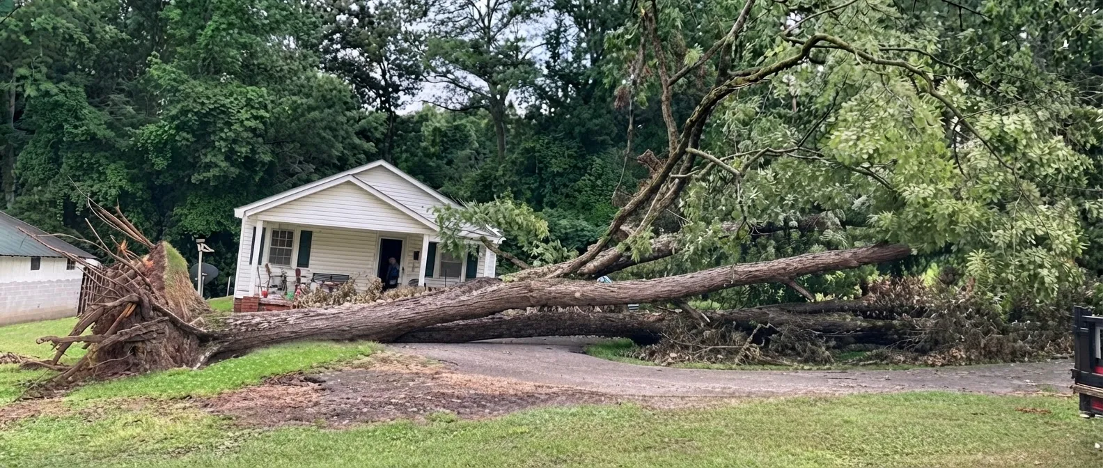Large tree fallen across a house roof and driveway