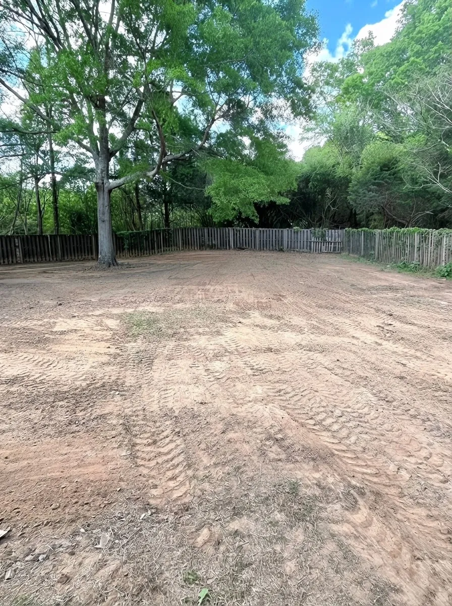 Yard cleared down to bare dirt after a debris pile was hauled off
